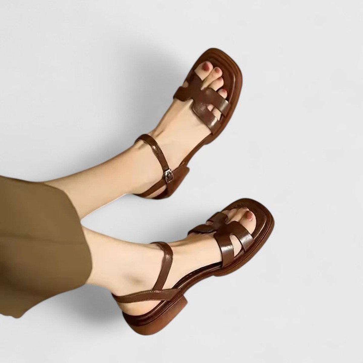 Women's Leather H-Bar Ankle Strap Flat Sandals - Brown