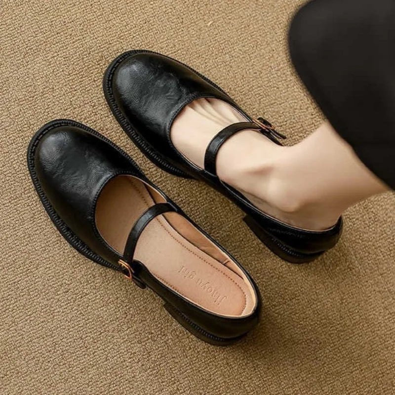 Women's Leather Mary Jane Flat Shoes Adjustable Strap Low Block Heel