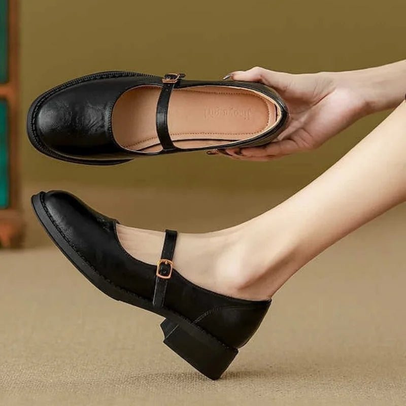 Women's Leather Mary Jane Flat Shoes Adjustable Strap Low Block Heel - black