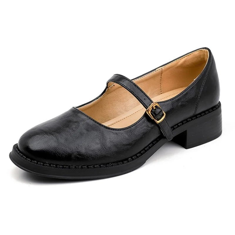 Women's Leather Mary Jane Flat Shoes Adjustable Strap Low Block Heel