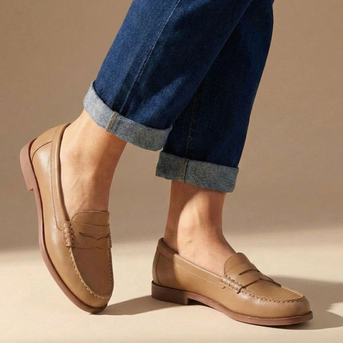 Women's Leather Penny Loafers with Moccasin Stitching - Khaki