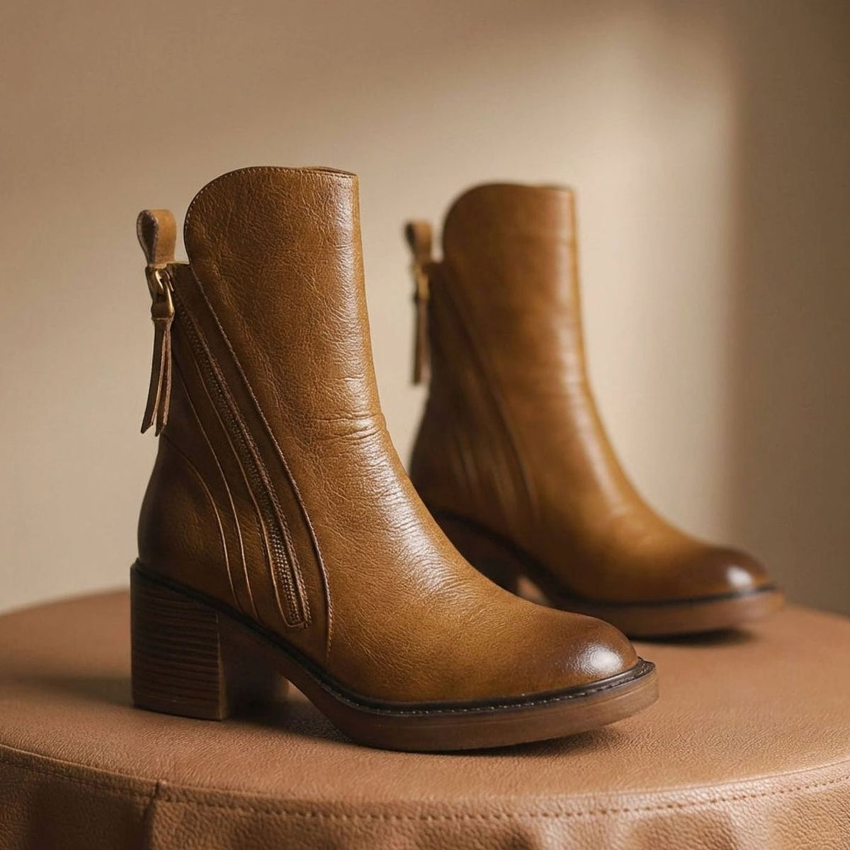 Women's Leather Side-Zip Block-Heel Ankle Boots - Brown
