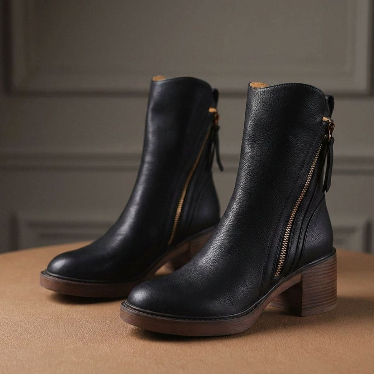 Women's Leather Side-Zip Block-Heel Ankle Boots
