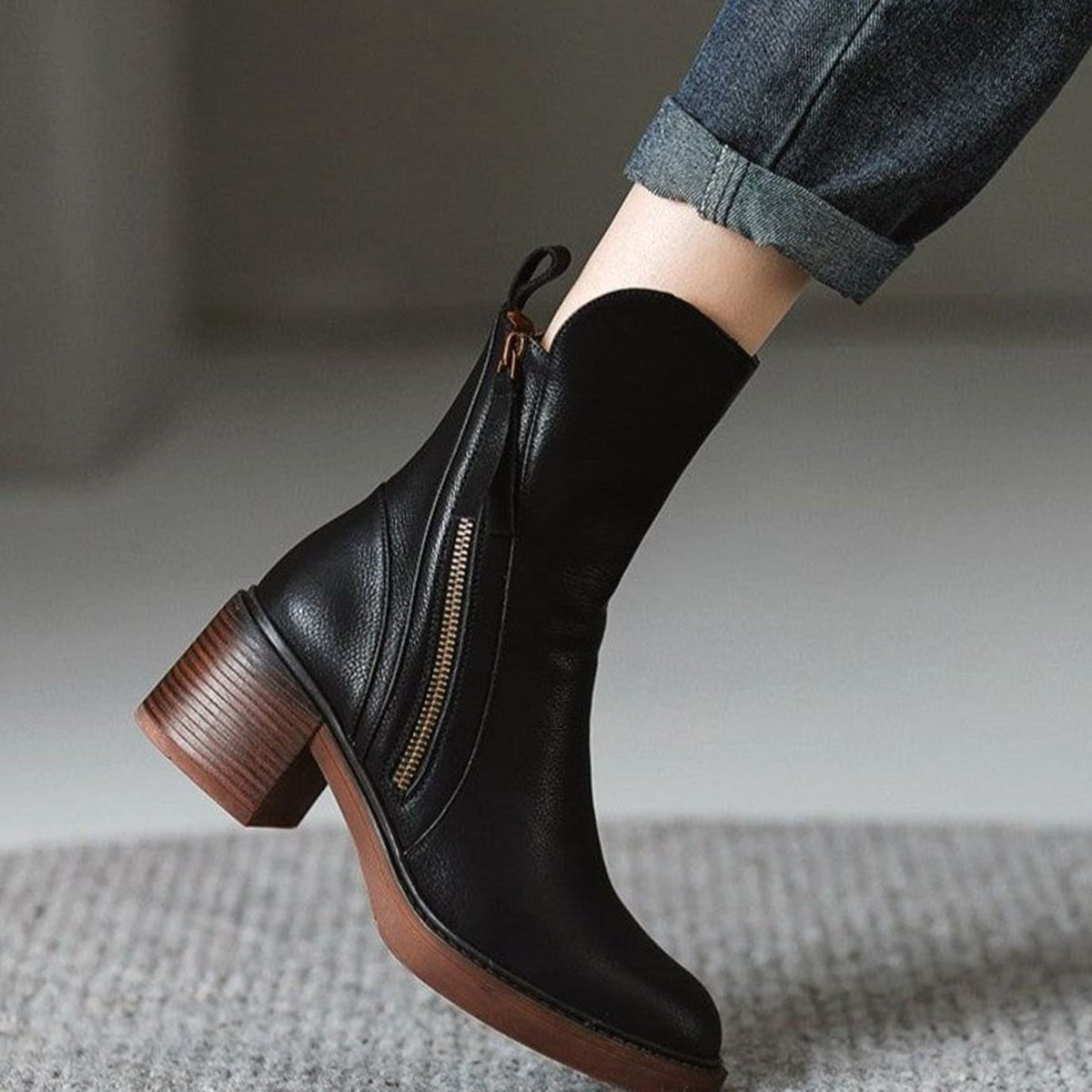 Women's Leather Side-Zip Block-Heel Ankle Boots