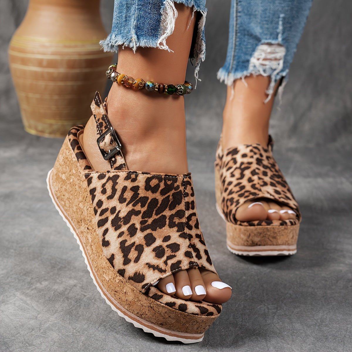 Women's Leopard Print Cork Wedge Buckle Ankle Strap Comfortable Sandals