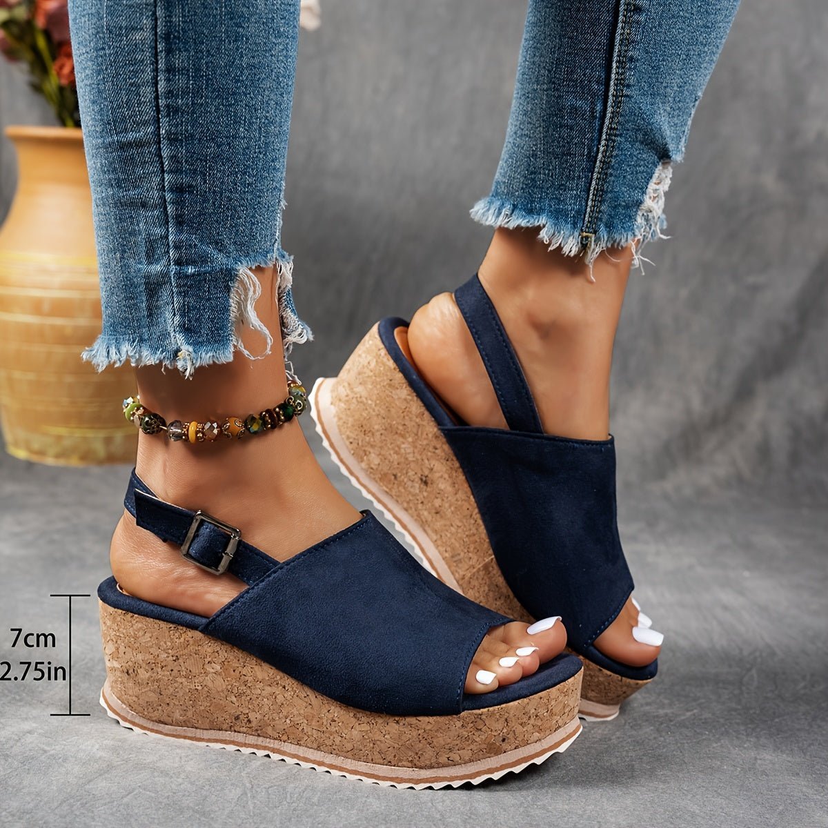 Women's Leopard Print Cork Wedge Buckle Ankle Strap Comfortable Sandals