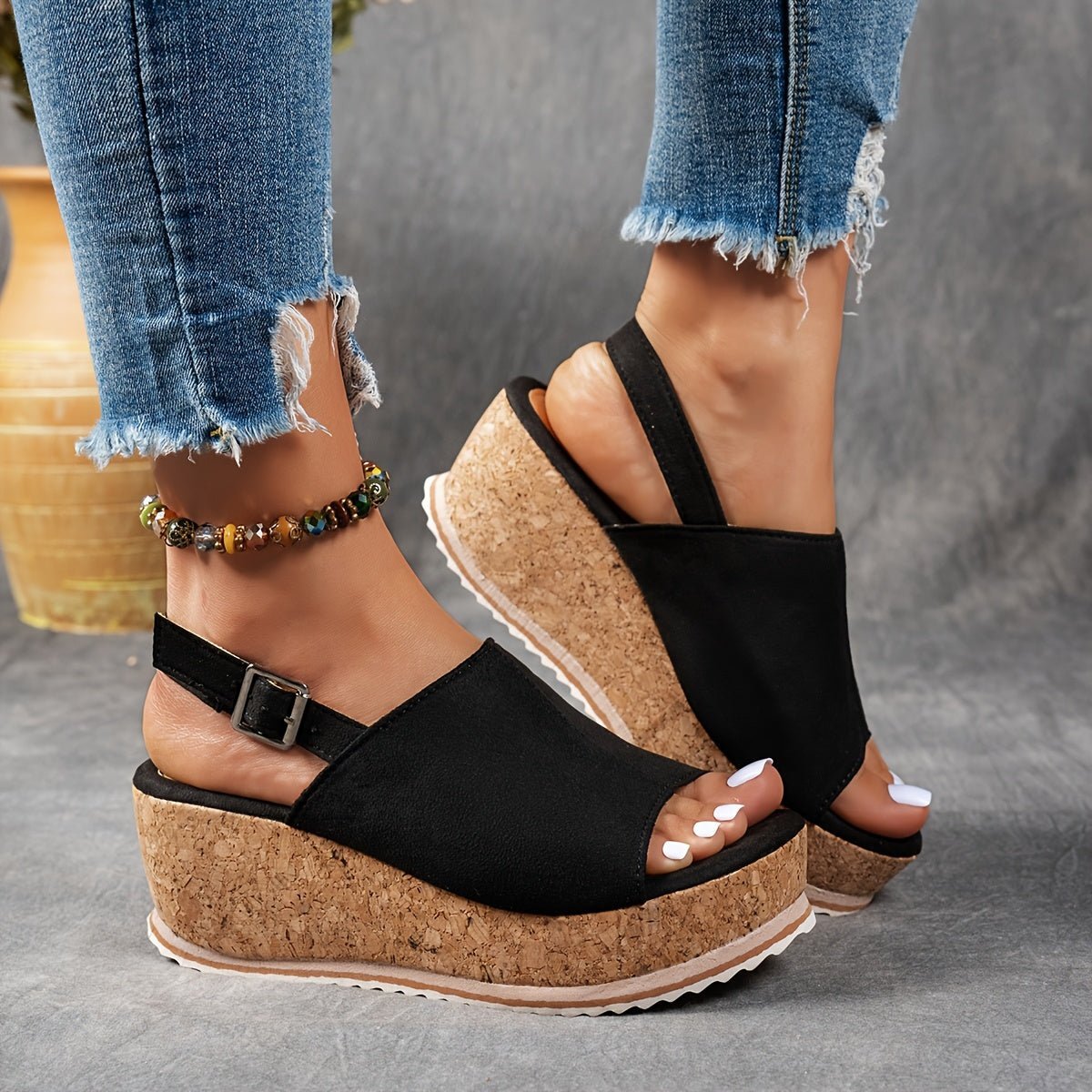 Women's Leopard Print Cork Wedge Buckle Ankle Strap Comfortable Sandals