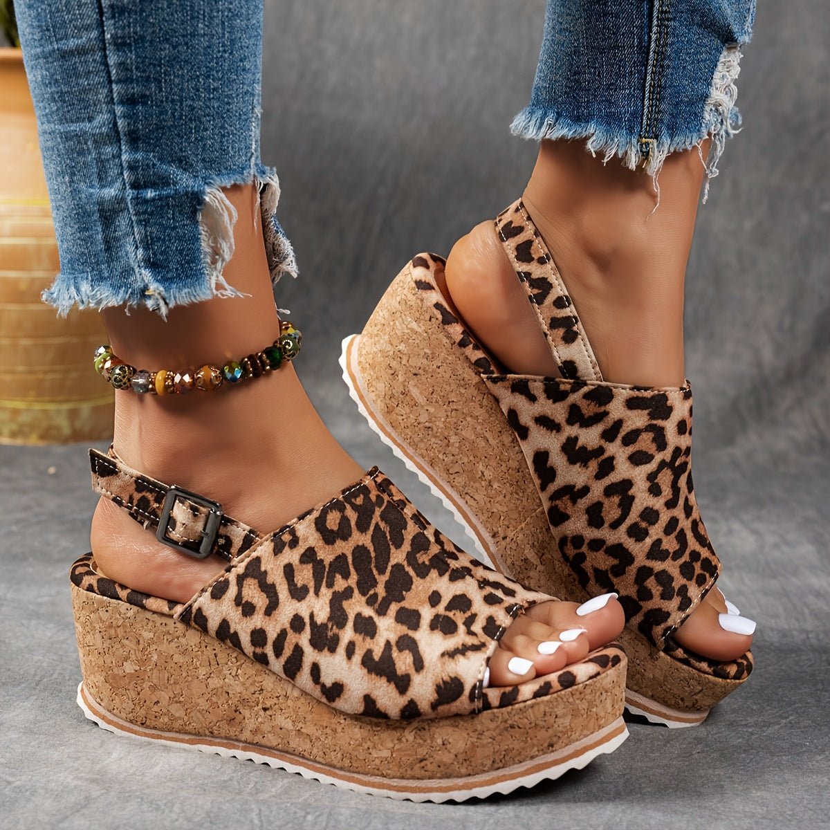 Women's Leopard Print Cork Wedge Buckle Ankle Strap Comfortable Sandals - Brown Leopard
