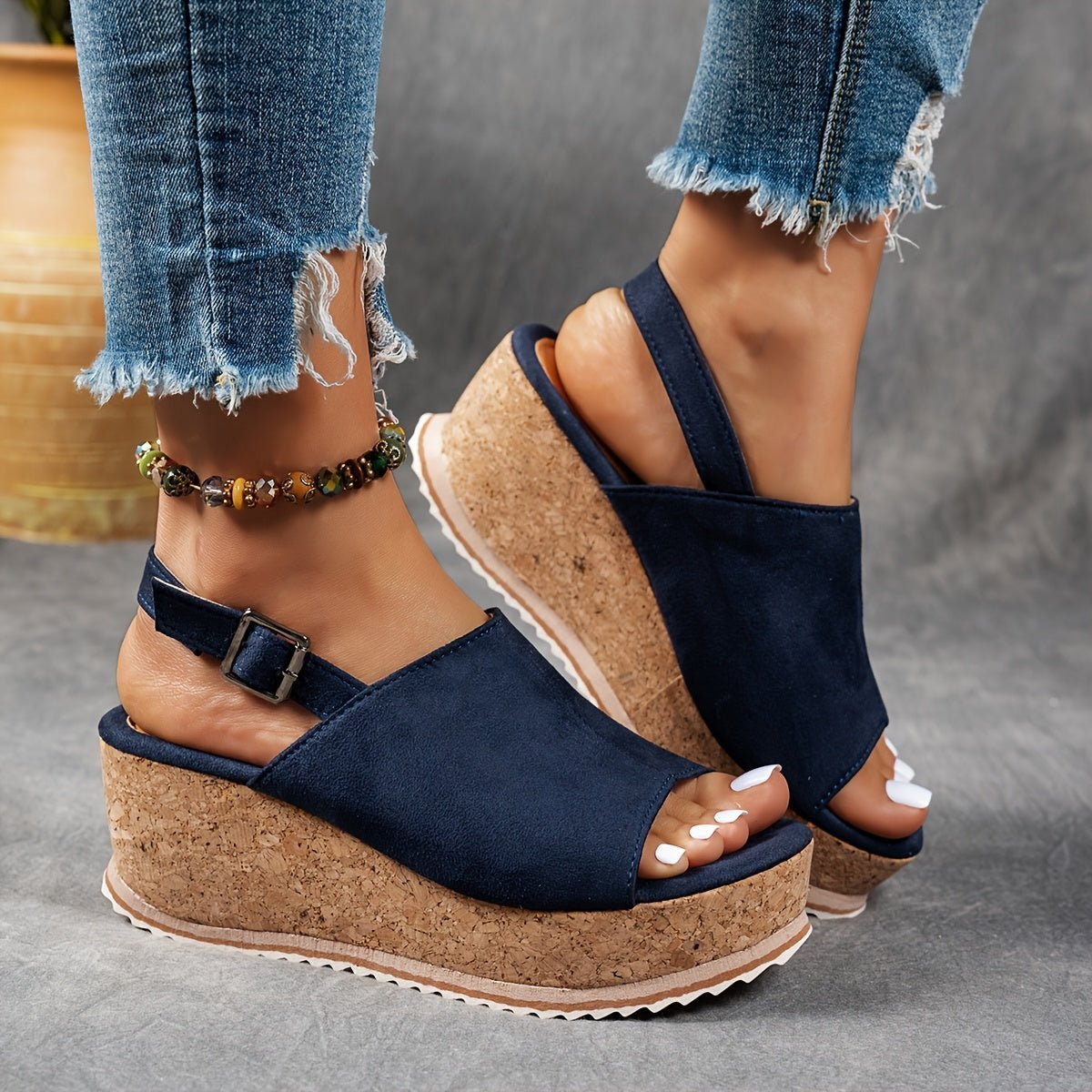 Women's Leopard Print Cork Wedge Buckle Ankle Strap Comfortable Sandals