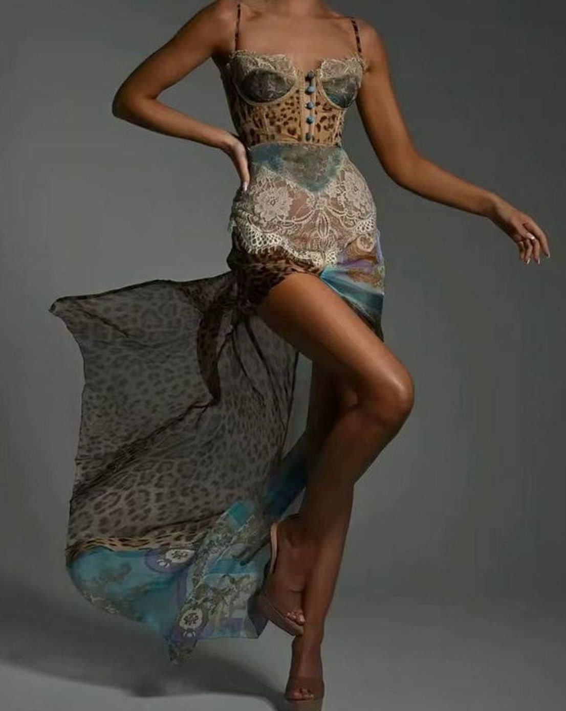 Women's Leopard Print Lace Bodice Sleeveless Maxi Party Dress