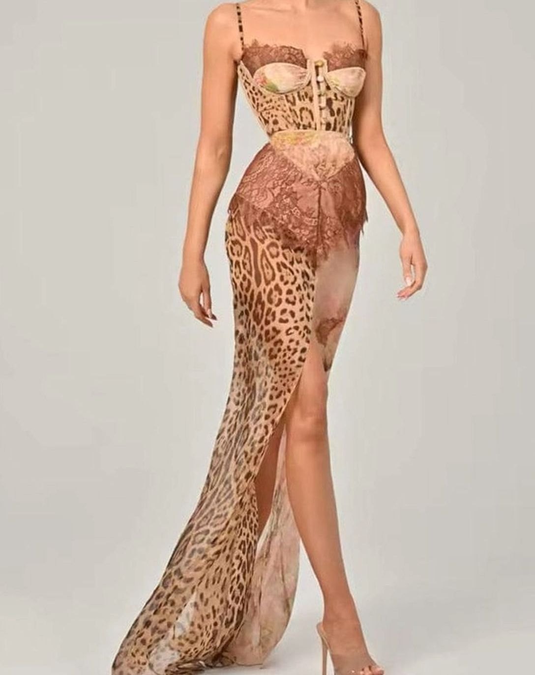 Women's Leopard Print Lace Bodice Sleeveless Maxi Party Dress