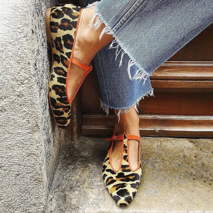 Women's Leopard Print Suede-Texture T-Strap Pointed-Toe Flats