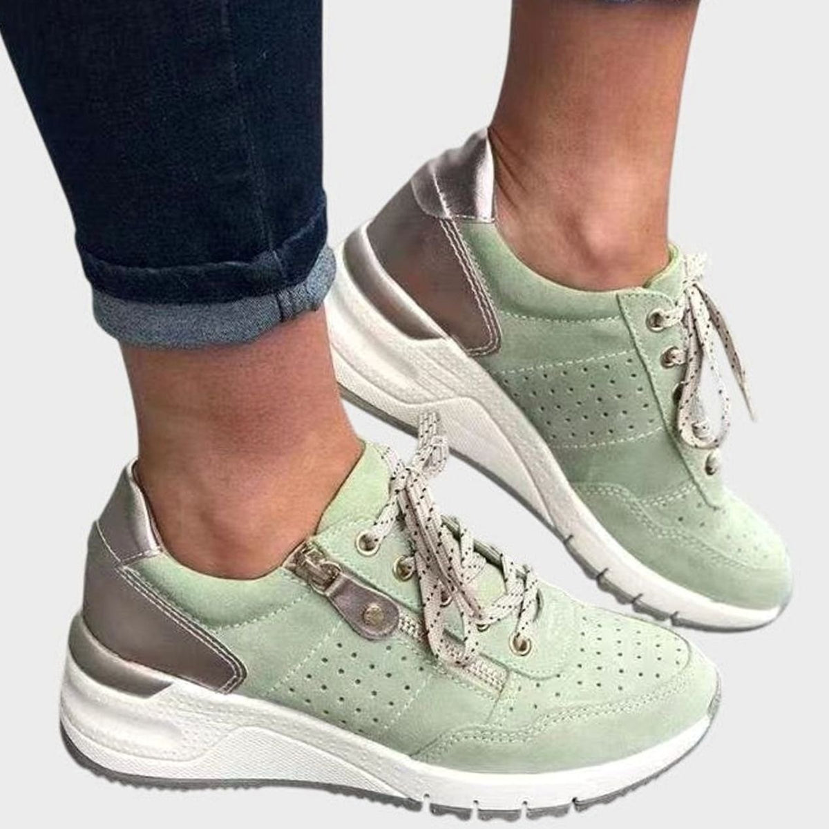 Women's Lightweight Lace-Up Wedge Walking Shoes Arch Support Trainers - Green