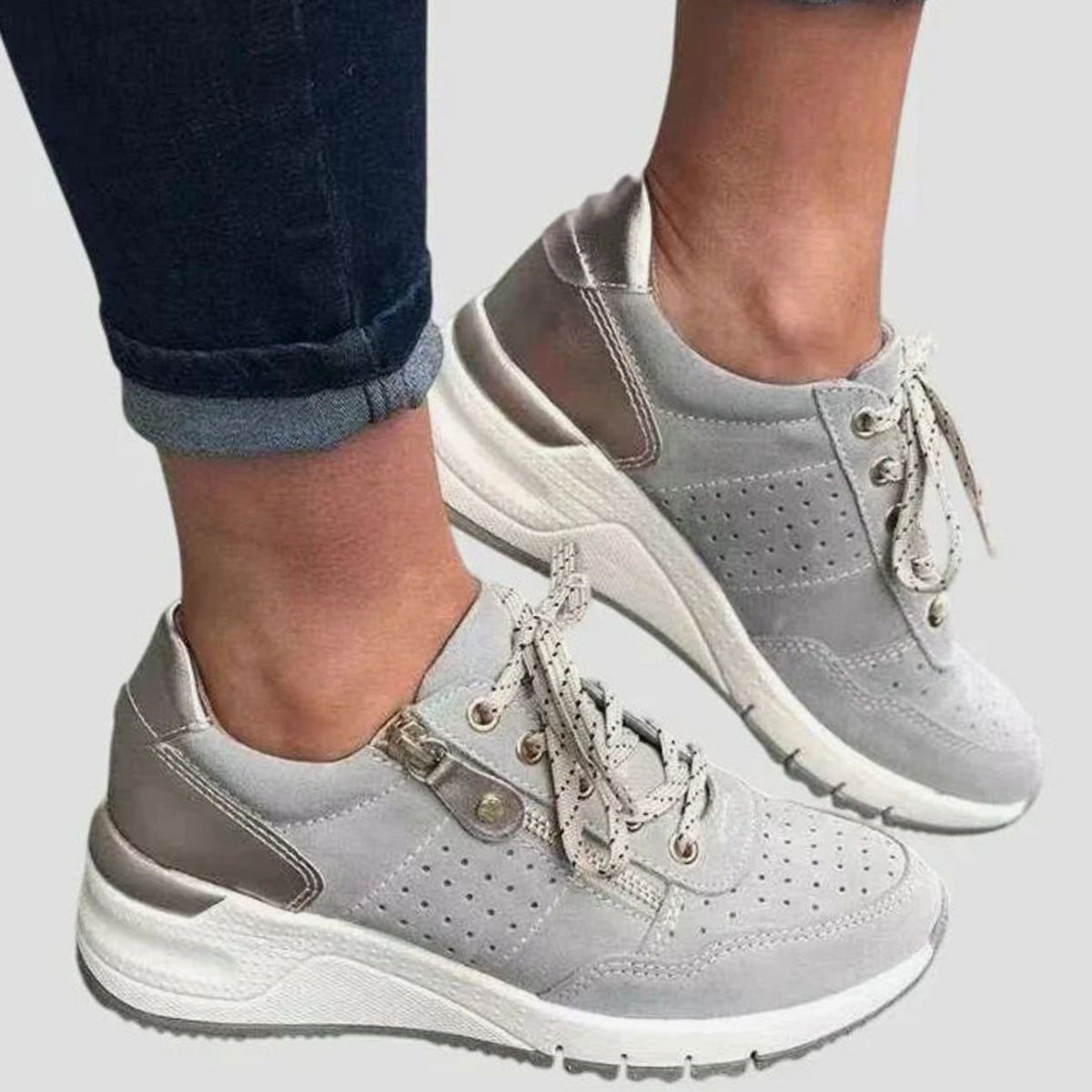 Women's Lightweight Lace-Up Wedge Walking Shoes Arch Support Trainers - Grey