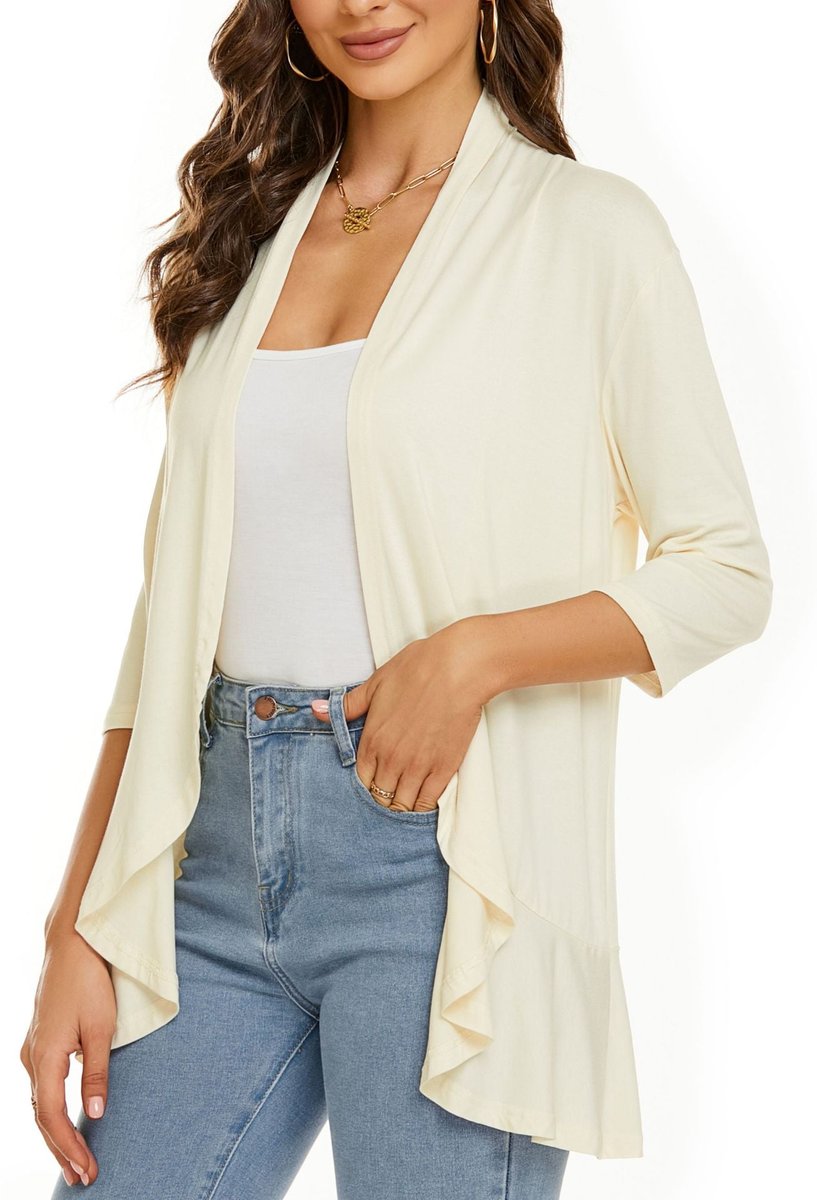 Women's Lightweight Open Front Draped Cardigan - White-Beige
