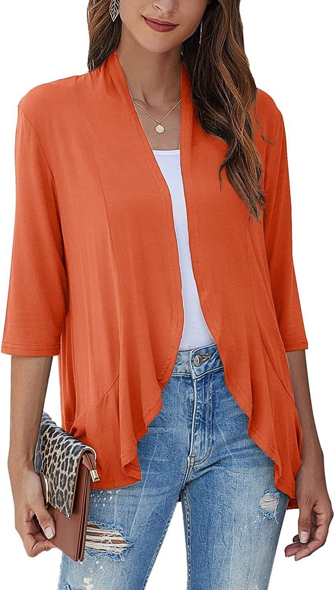 Women's Lightweight Open Front Draped Cardigan - Orange Red