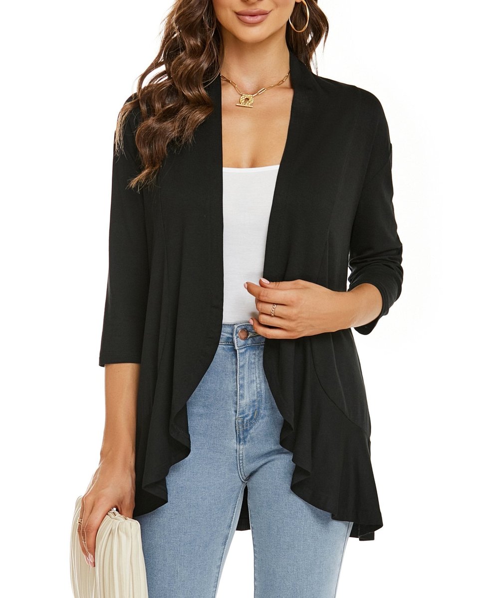 Women's Lightweight Open Front Draped Cardigan - Black