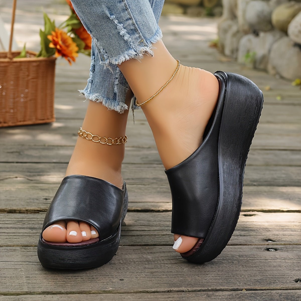 Women's Lightweight Peep-Toe Wedge Comfortable Sandals Slip-On - Zwart