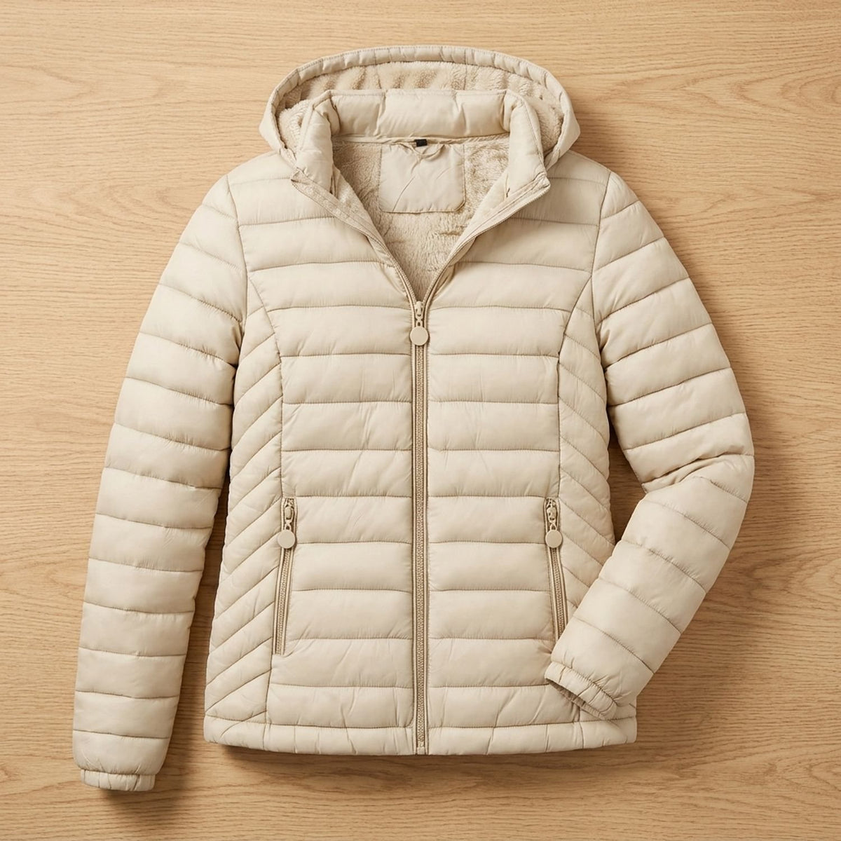 Women's Lightweight Quilted Hooded Puffer Jacket Fleece Lined - Beige