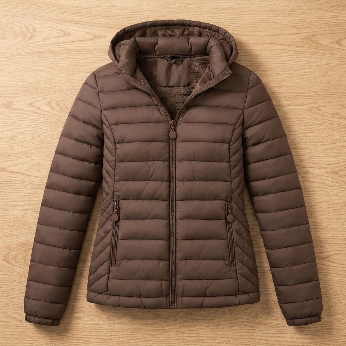 Women's Lightweight Quilted Hooded Puffer Jacket Fleece Lined - Coffee