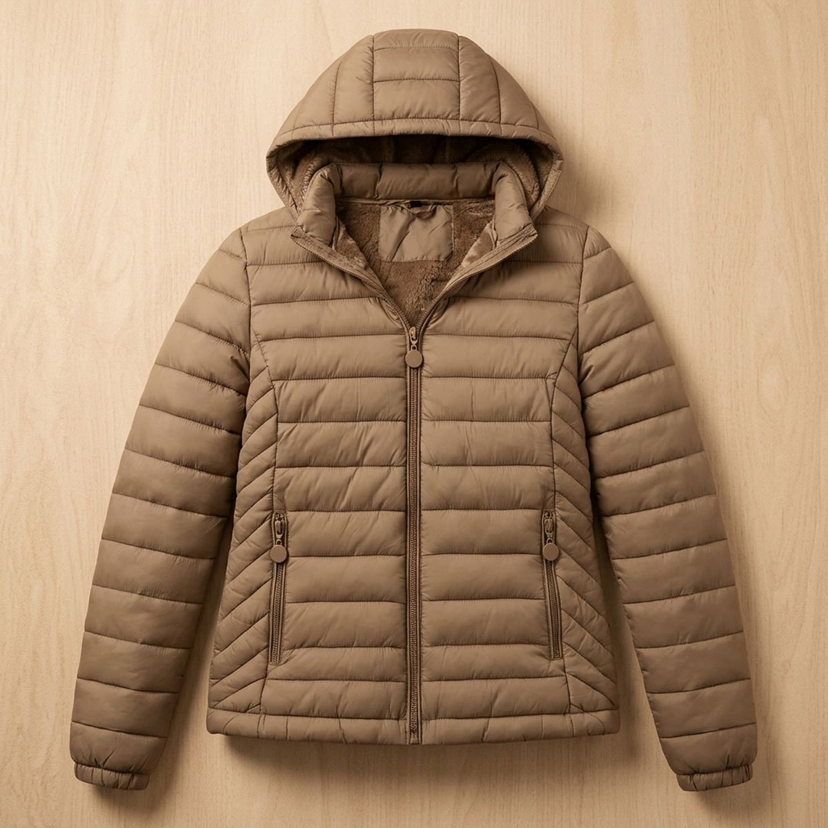 Women's Lightweight Quilted Hooded Puffer Jacket Fleece Lined - Tan