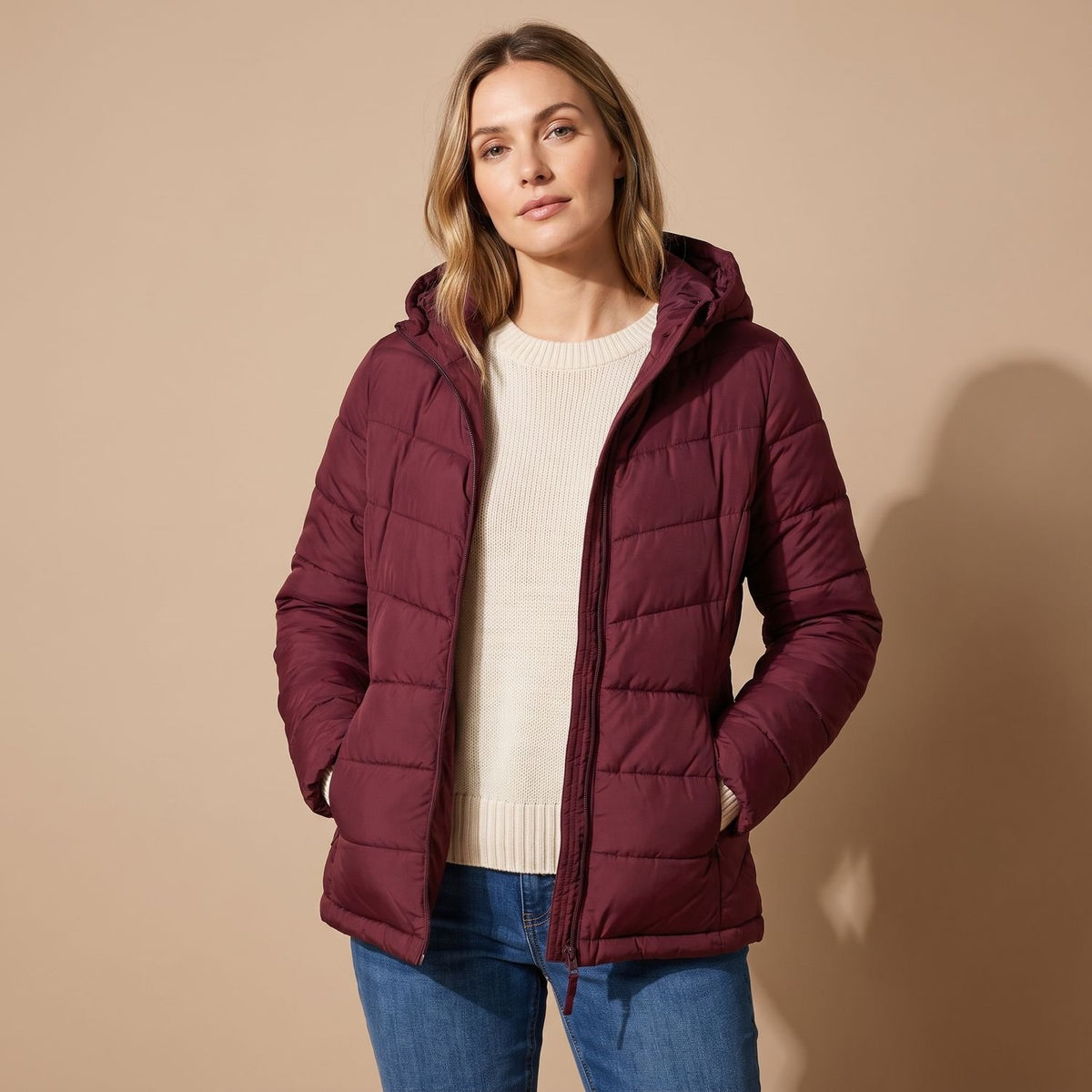 Women's Lightweight Quilted Hooded Puffer Jacket Fleece Lined - Wine Red