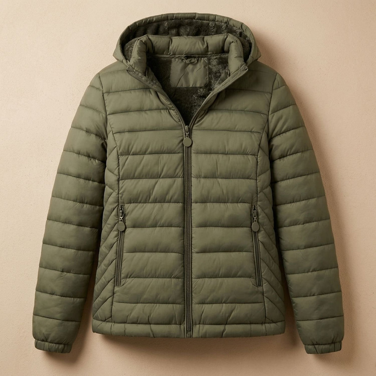 Women's Lightweight Quilted Hooded Puffer Jacket Fleece Lined - Army Green