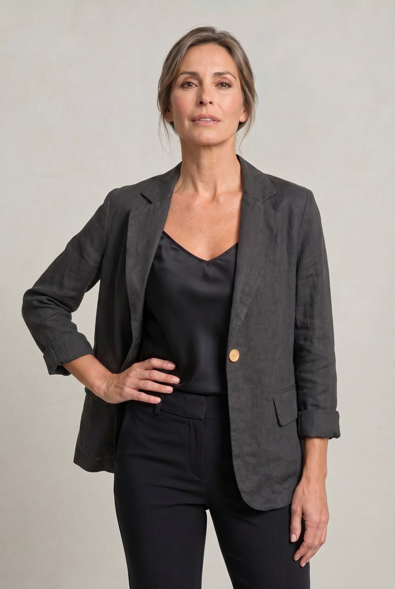 Women's Lightweight Single-Button Relaxed-Fit Summer Coat Blazer - Black