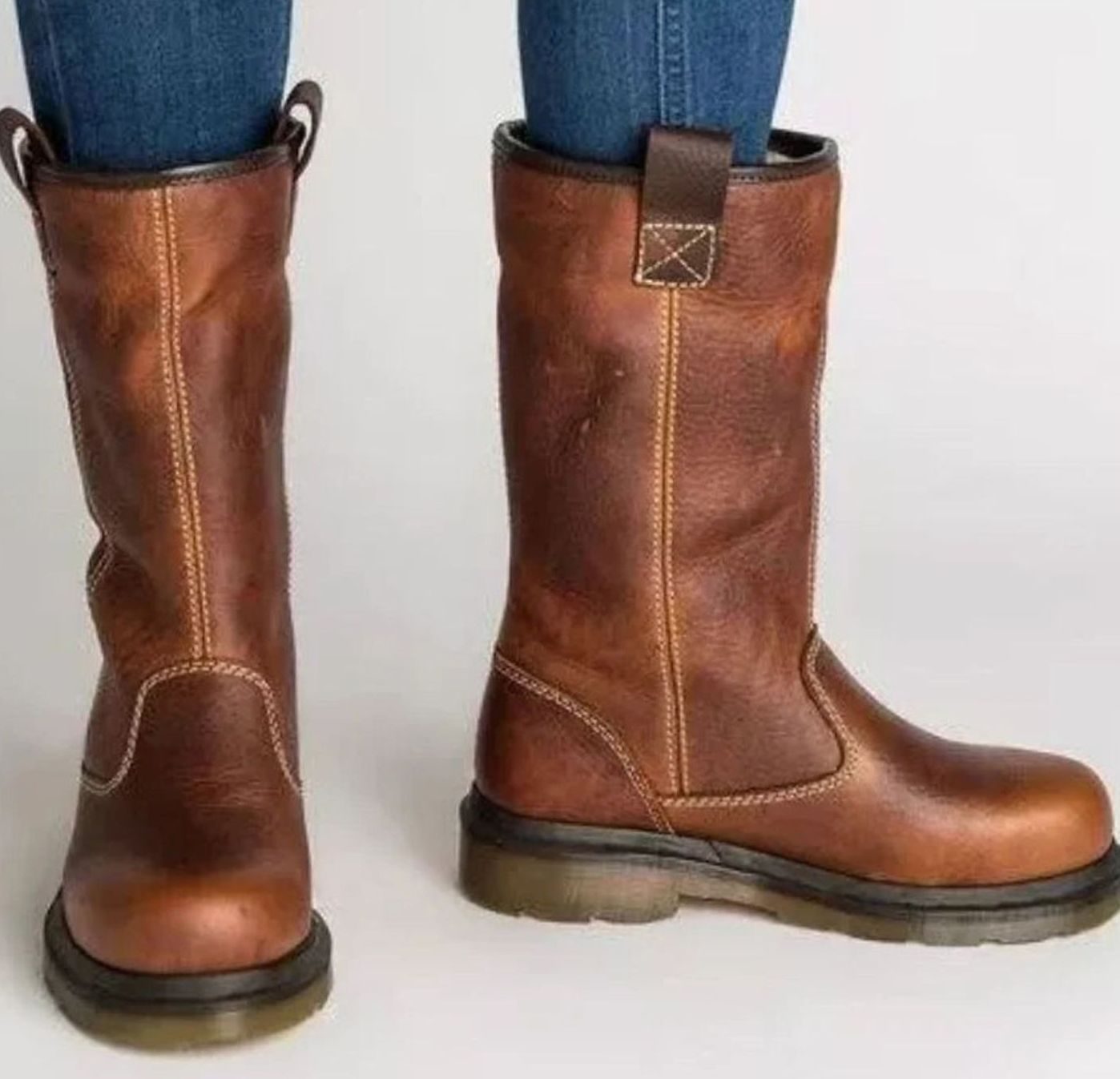 Women's Lined Fleece Mid-Calf Pull-On Leather Boots - Brown