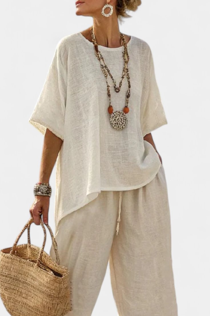 Women's Linen Asymmetric-Hem Oversized Top Wide-Leg Trouser Co-ord Set