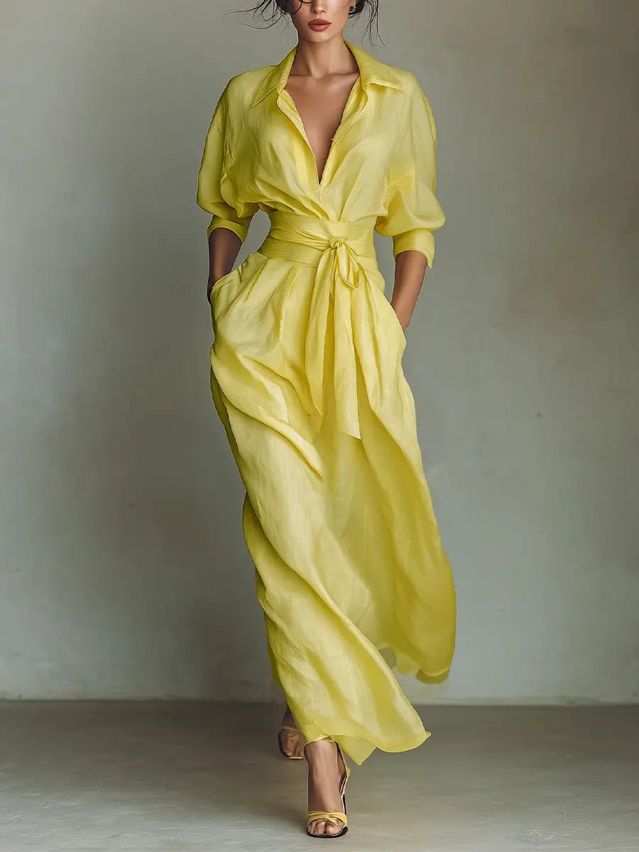 Women's Linen-Blend Tie-Waist Plunging V-Neck Maxi Shirt Dress - Yellow