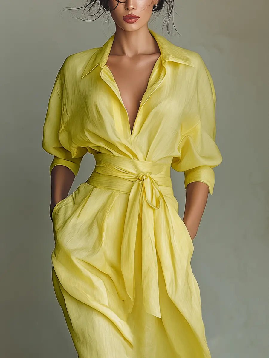 Women's Linen-Blend Tie-Waist Plunging V-Neck Maxi Shirt Dress