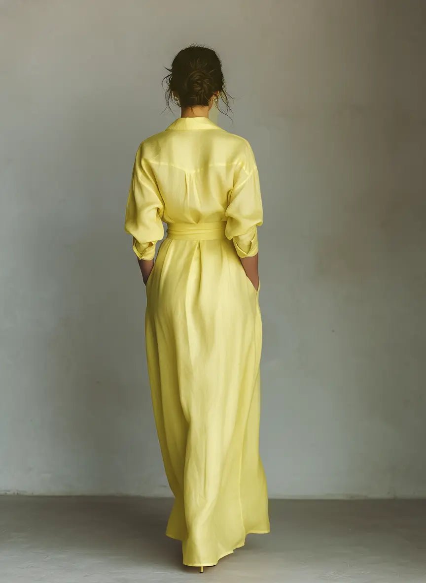 Women's Linen-Blend Tie-Waist Plunging V-Neck Maxi Shirt Dress
