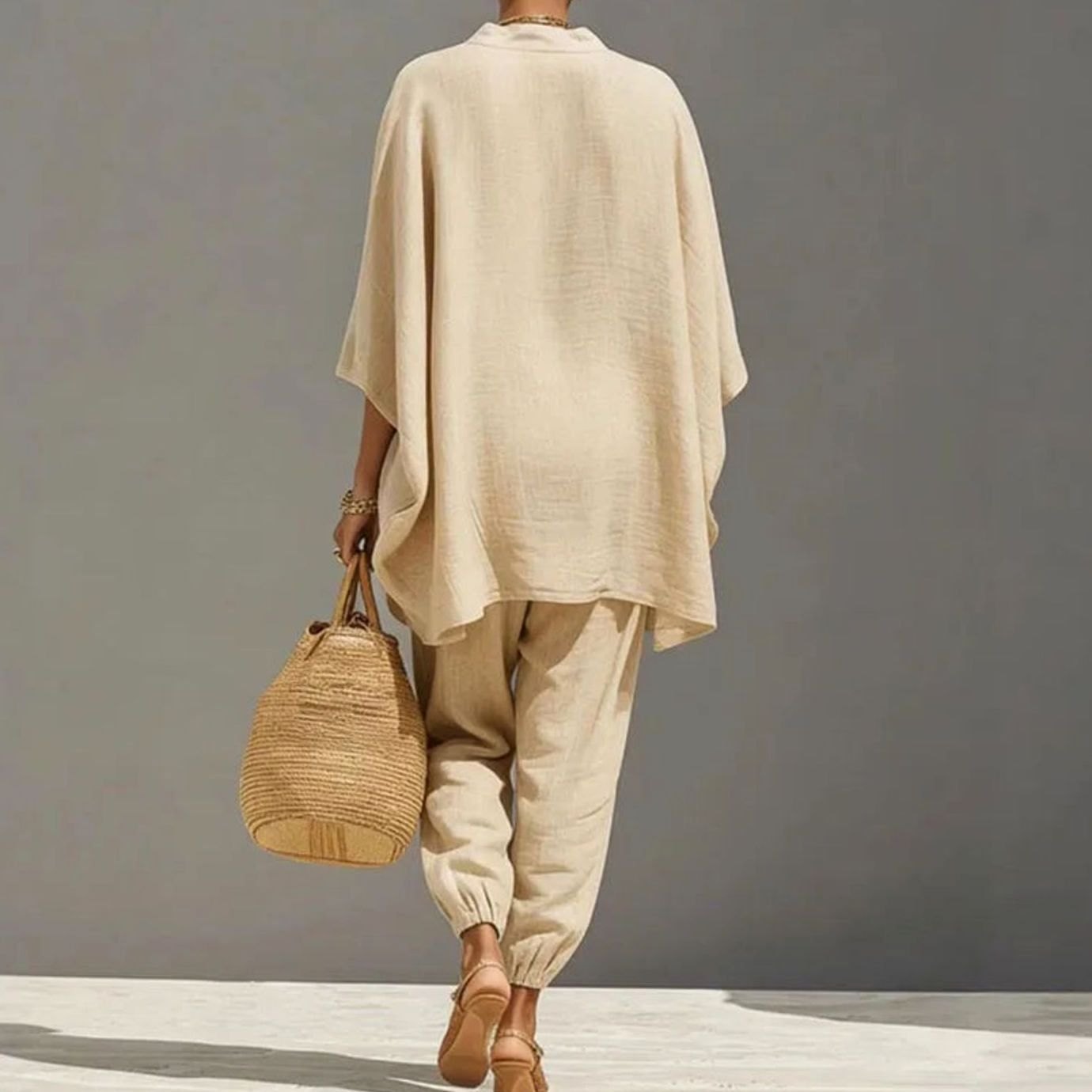 Women's Linen Blend Wide-Sleeve V-Neck Loungewear Two-Piece Set