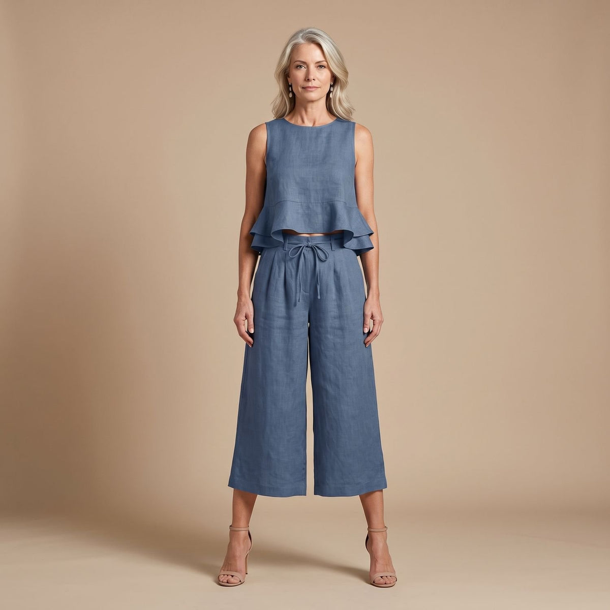 Women's Linen Coord Set Ruffled Crop Top Wide-Leg Culottes - Navy Blue