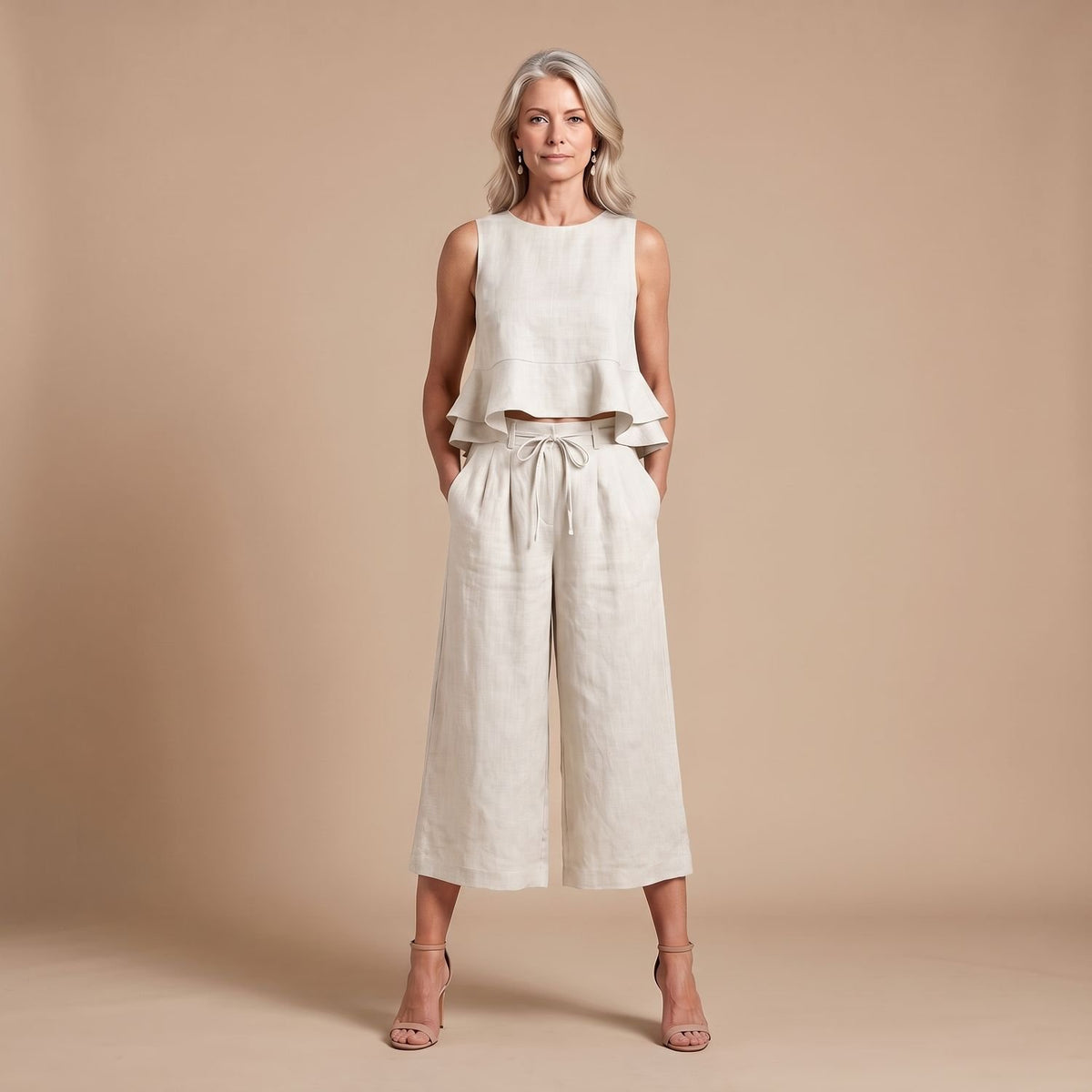 Women's Linen Coord Set Ruffled Crop Top Wide-Leg Culottes - White
