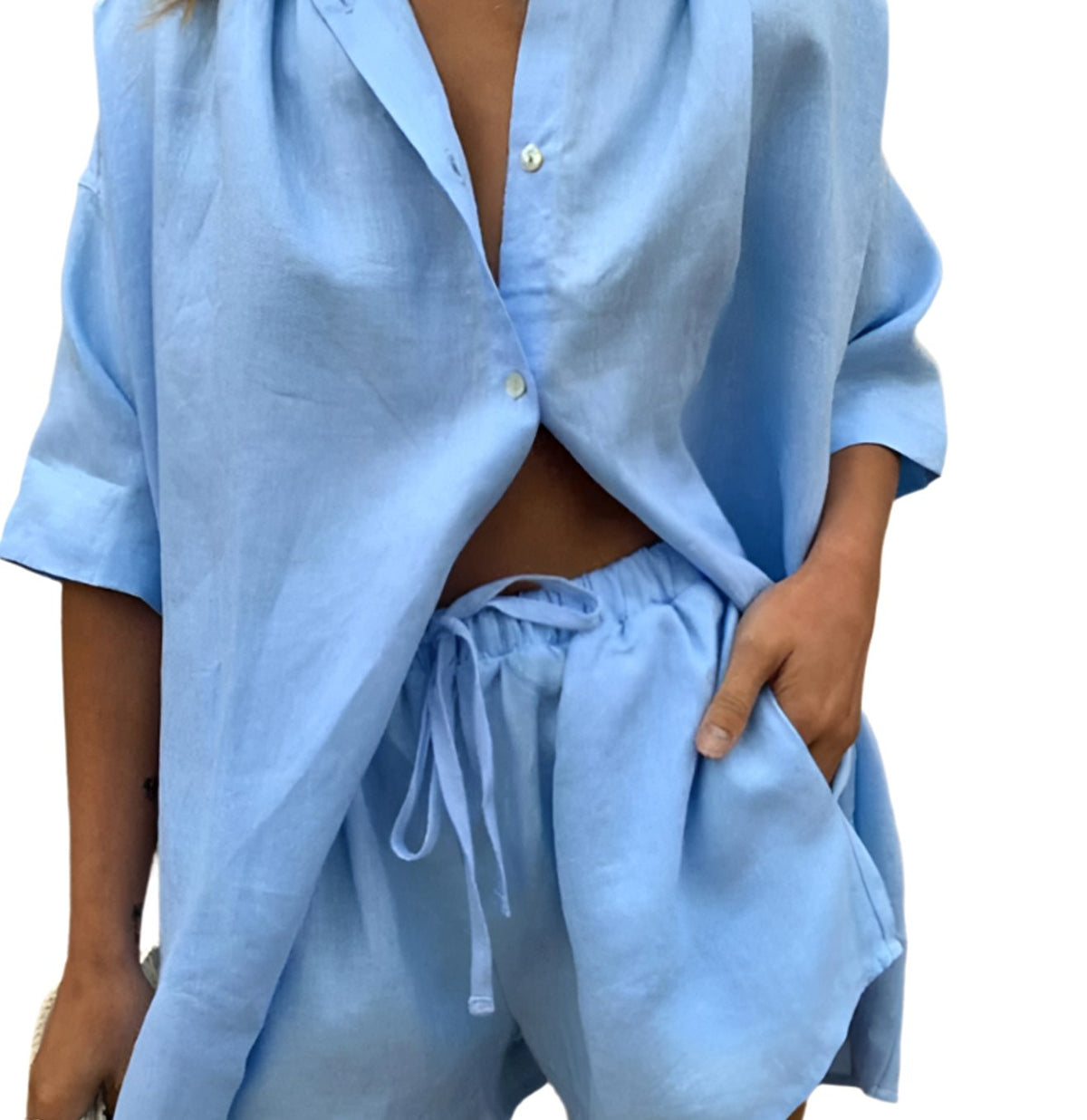 Women's Linen-Feel Button-Up Shirt Shorts Two-Piece Loungewear Set - Blue