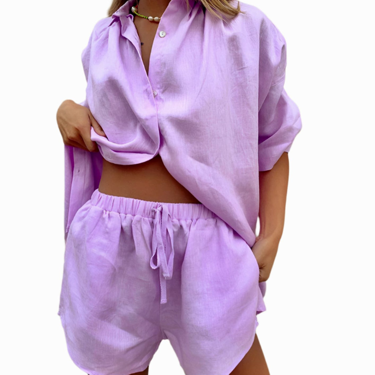 Women's Linen-Feel Button-Up Shirt Shorts Two-Piece Loungewear Set - Purple