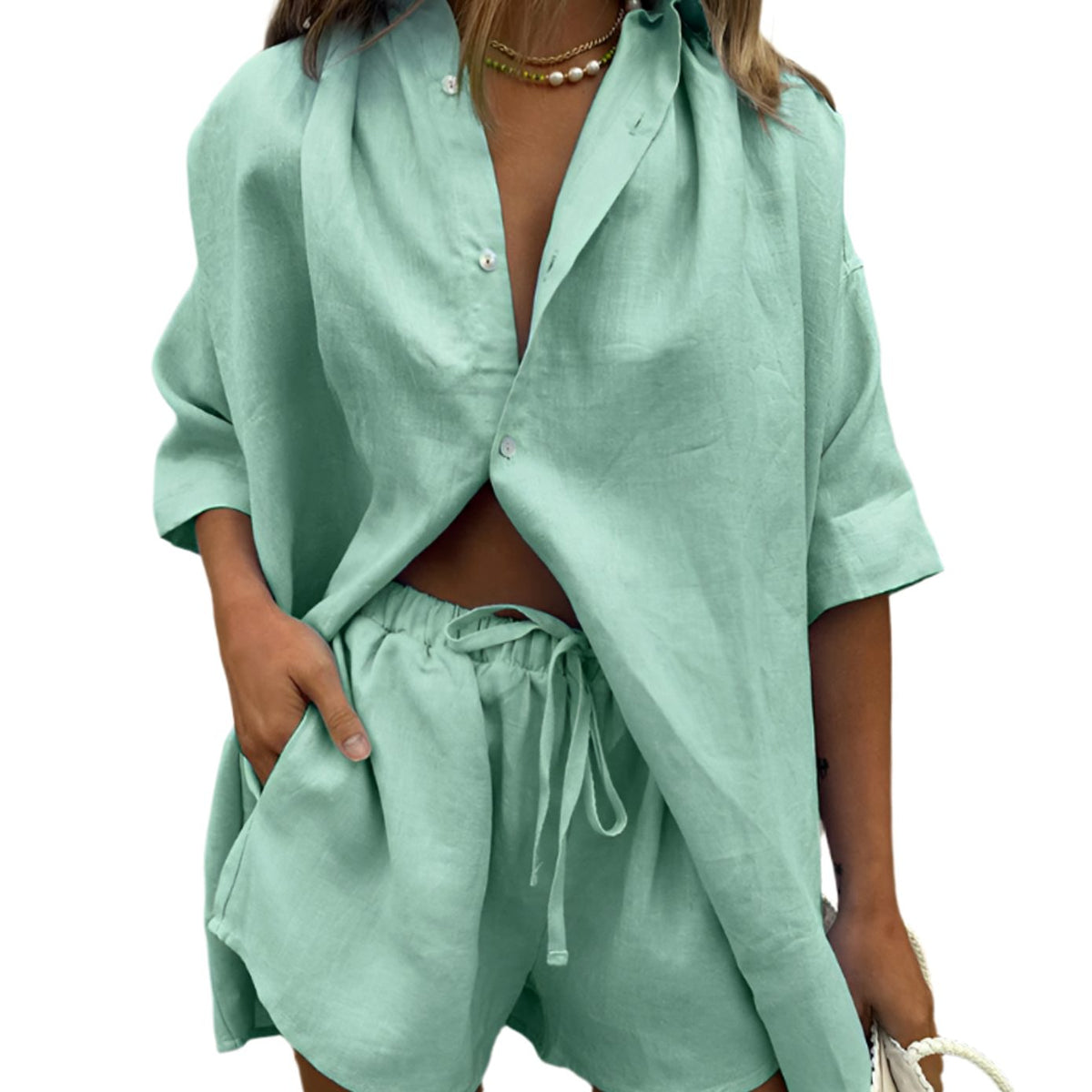 Women's Linen-Feel Button-Up Shirt Shorts Two-Piece Loungewear Set - Green
