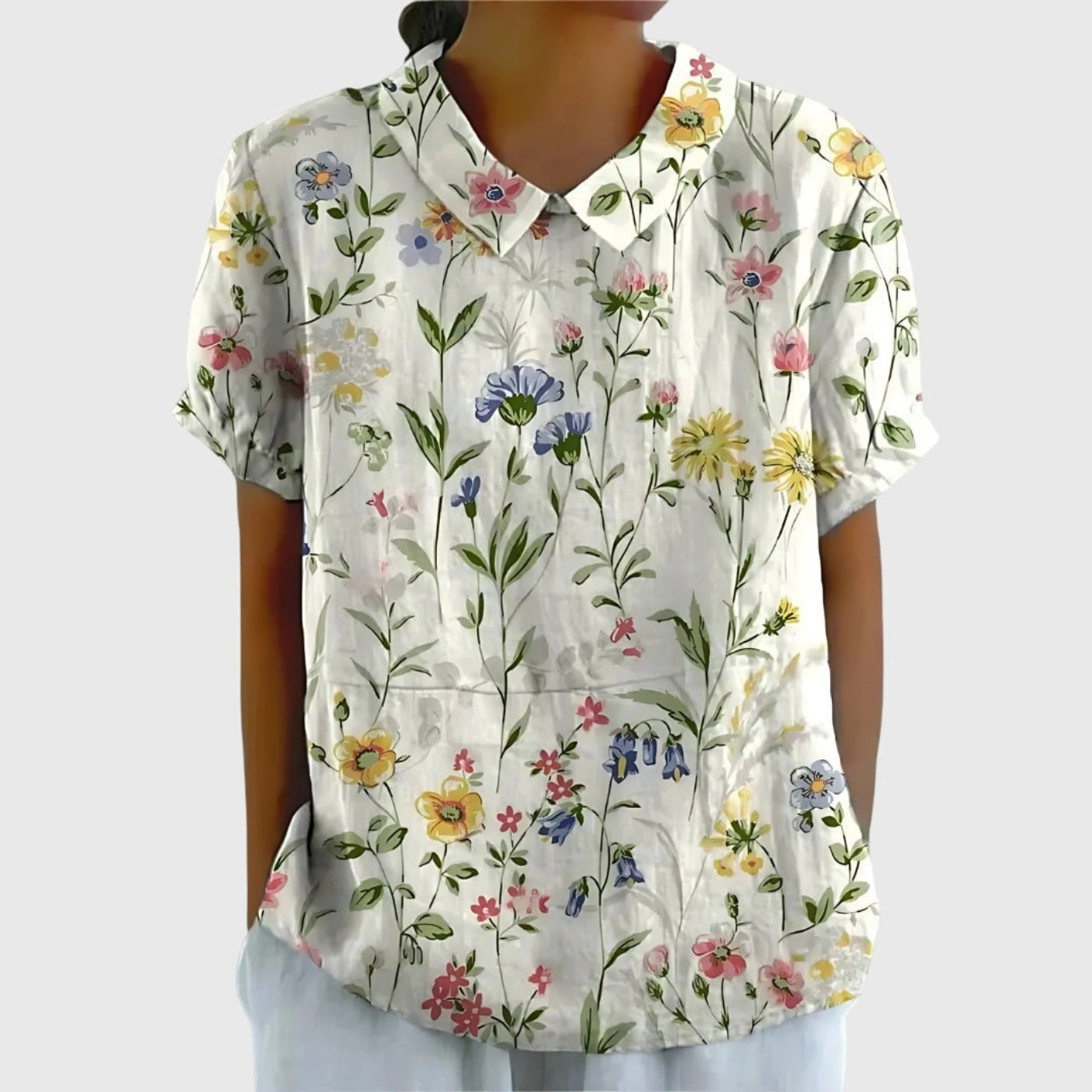Women's Linen Floral Print Short Sleeve Peter Pan Collar Blouse - White
