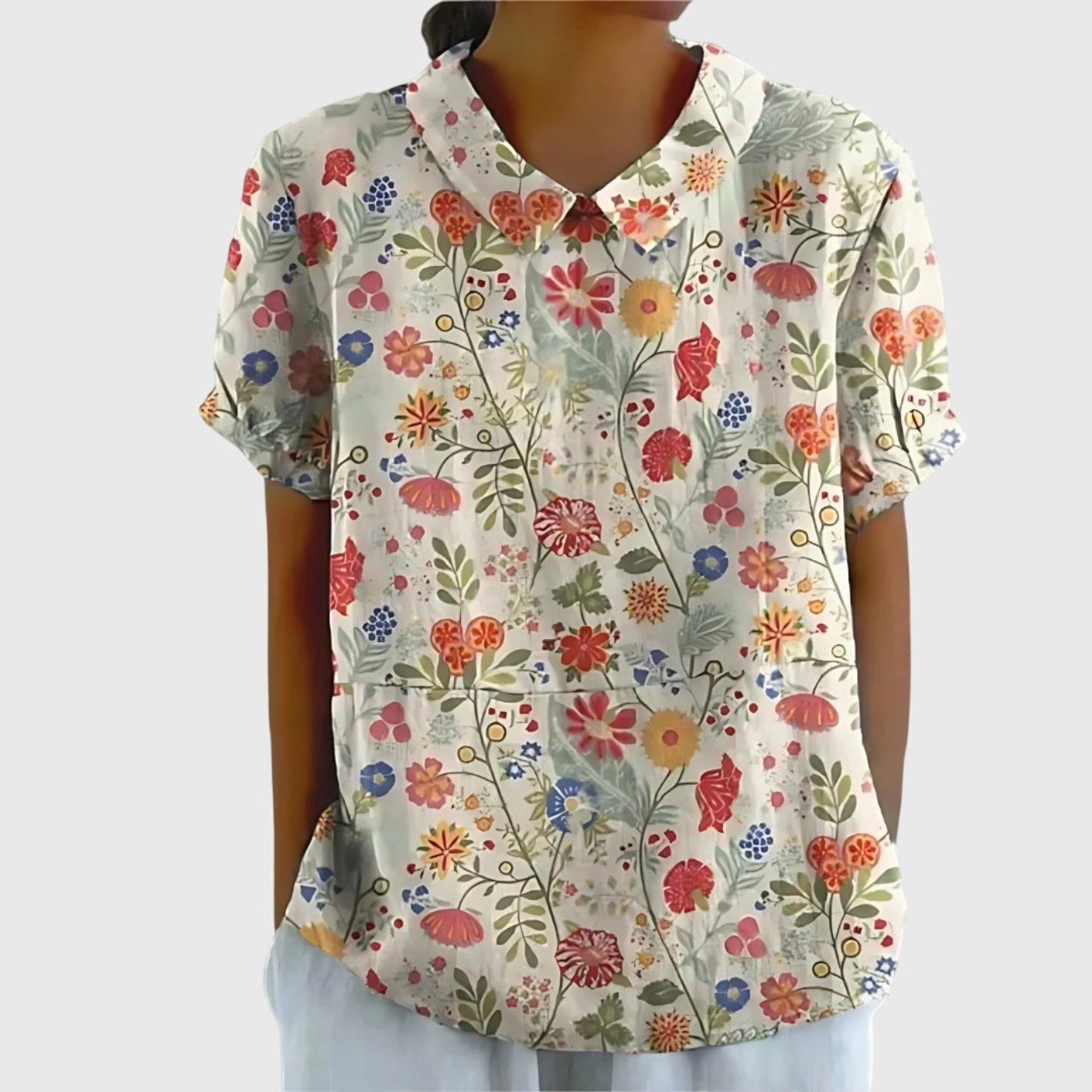 Women's Linen Floral Print Short Sleeve Peter Pan Collar Blouse - White 6