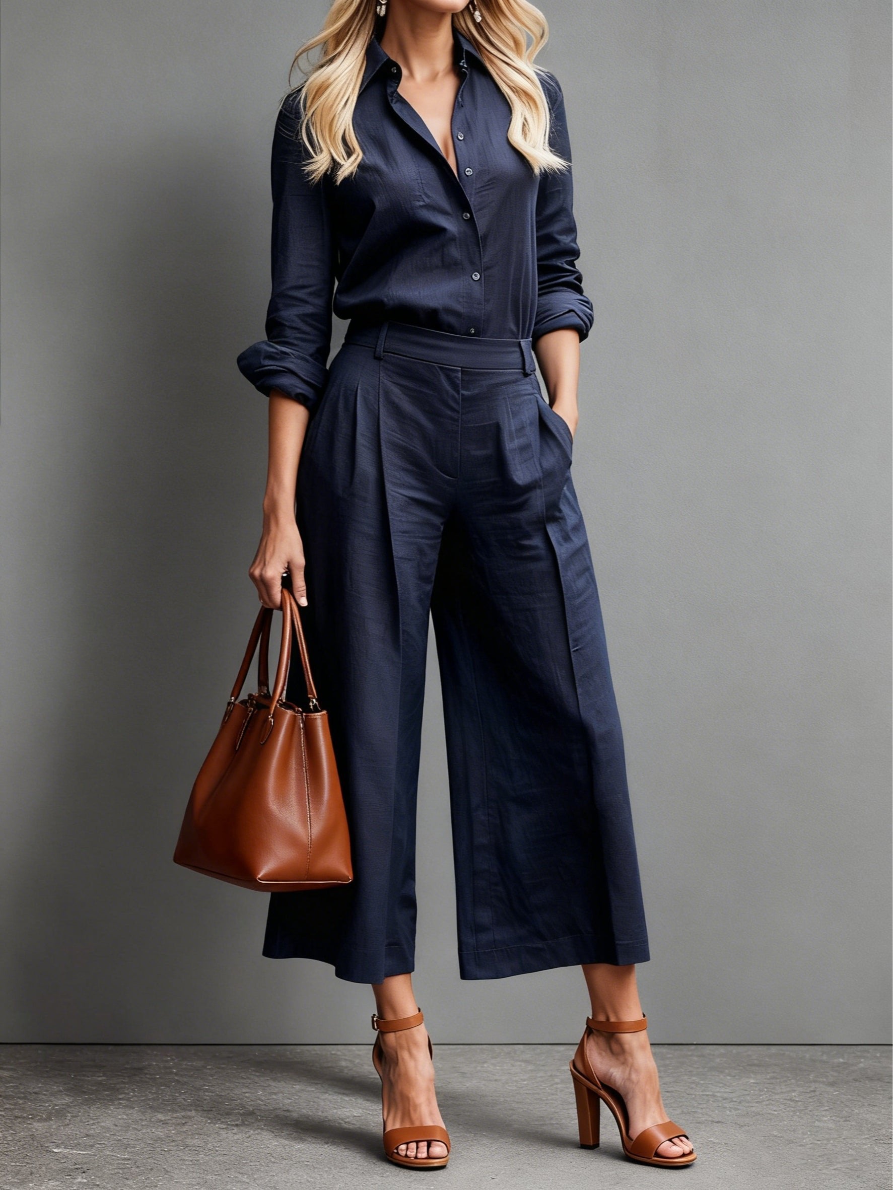 Women's Linen High-Waist Wide-Leg Cropped Trousers Button-Down Co-Ord Set - Navy