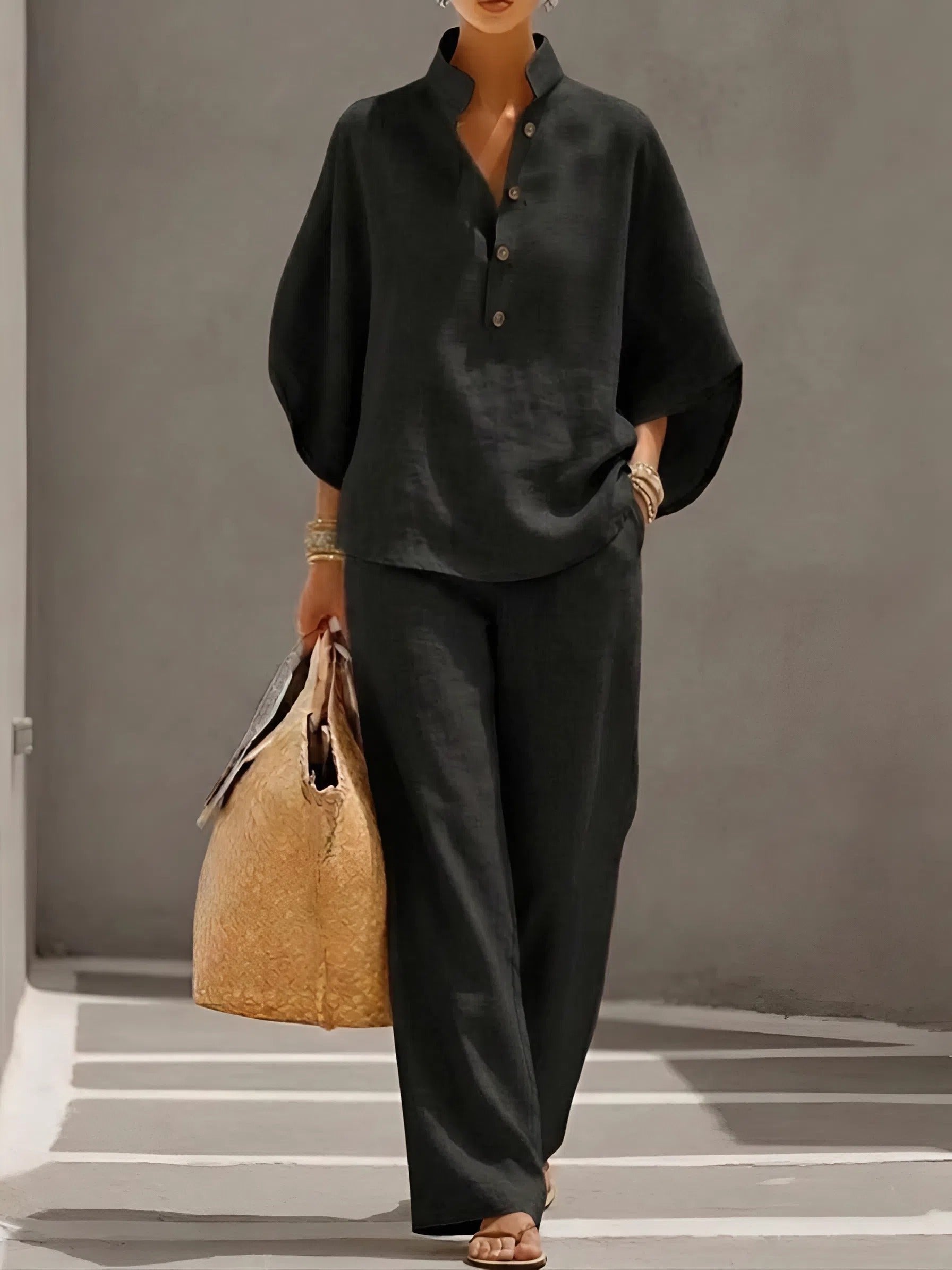 Women's Linen Kimono-Sleeve Mandarin-Collar Wide-Leg Trouser Set - Black