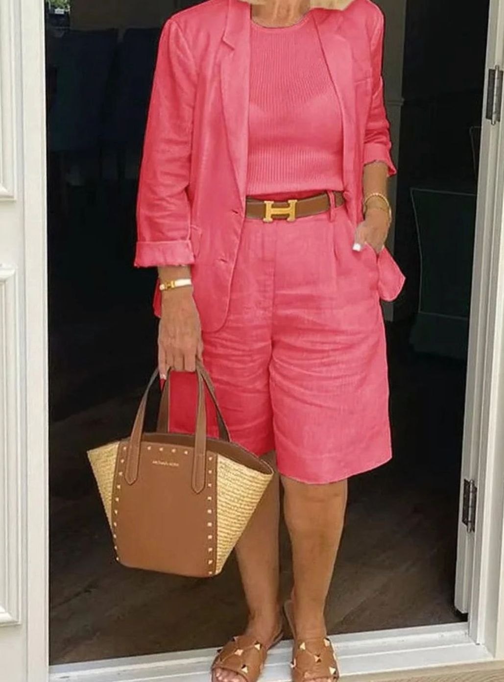Women's Linen-Look Blazer Shorts Two-Piece Set - Pink