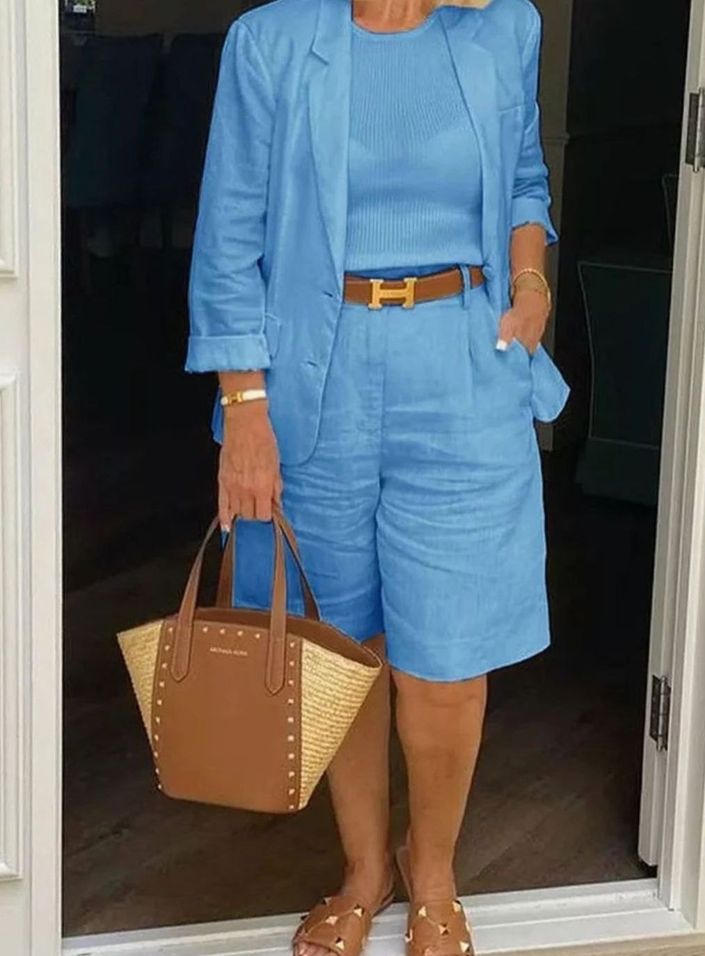 Women's Linen-Look Blazer Shorts Two-Piece Set - Blue
