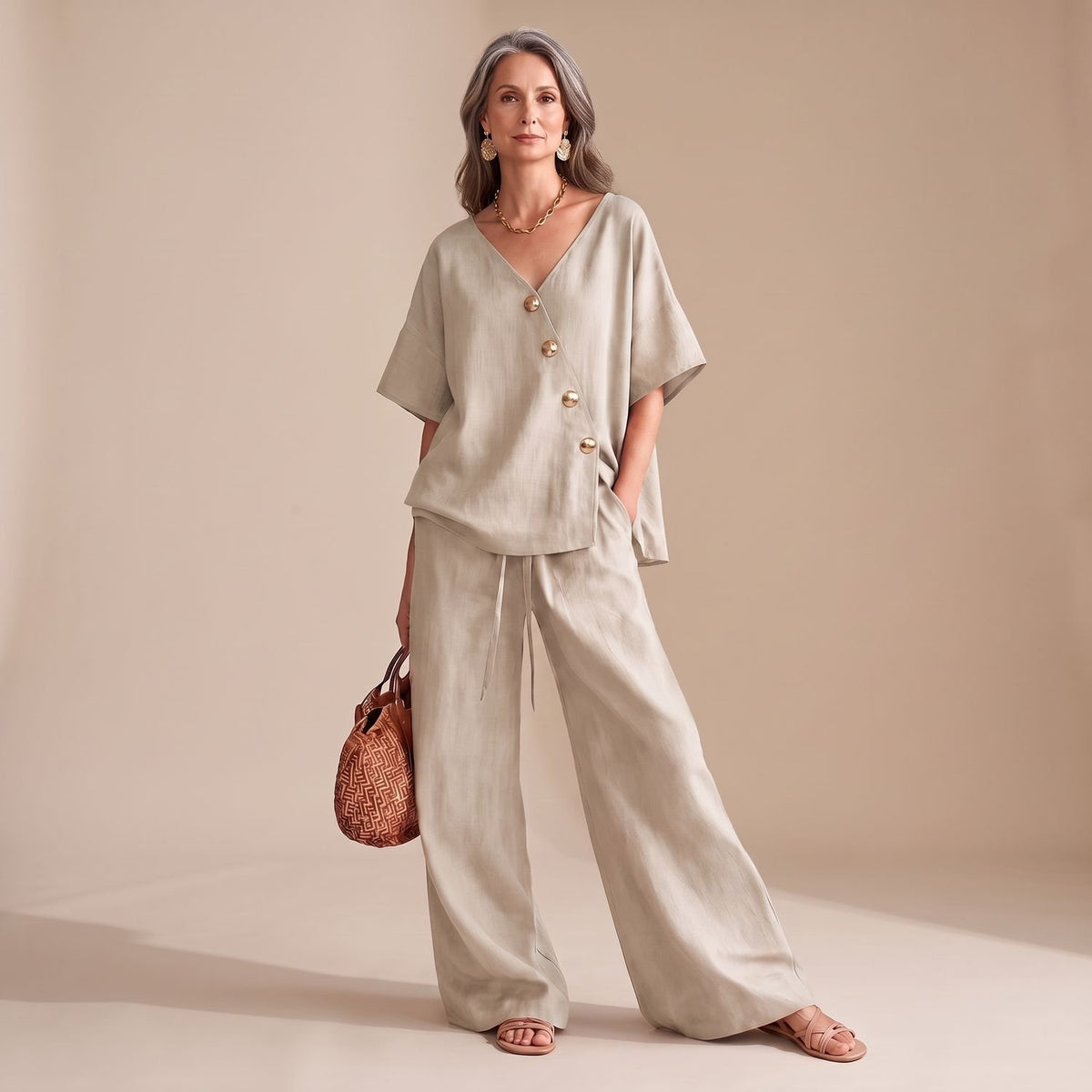 Women's Linen-Look V-Neck Button Wide-Leg Coord Set - White