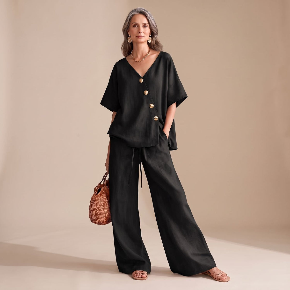 Women's Linen-Look V-Neck Button Wide-Leg Coord Set - Black