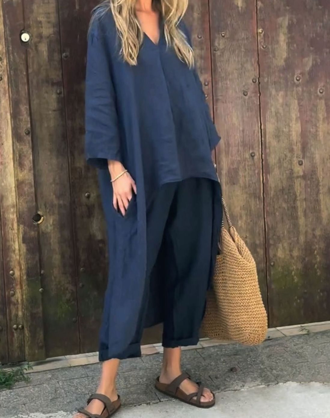 Women's Linen Two-Piece Set Relaxed V-Neck Top Cropped Trousers Co Ord