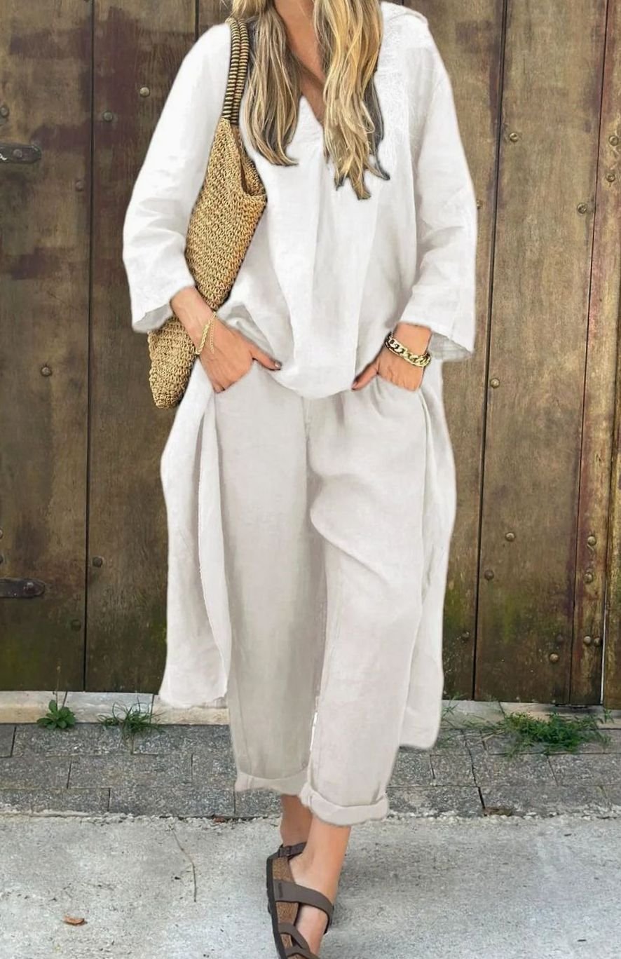 Women's Linen Two-Piece Set Relaxed V-Neck Top Cropped Trousers Co Ord - White