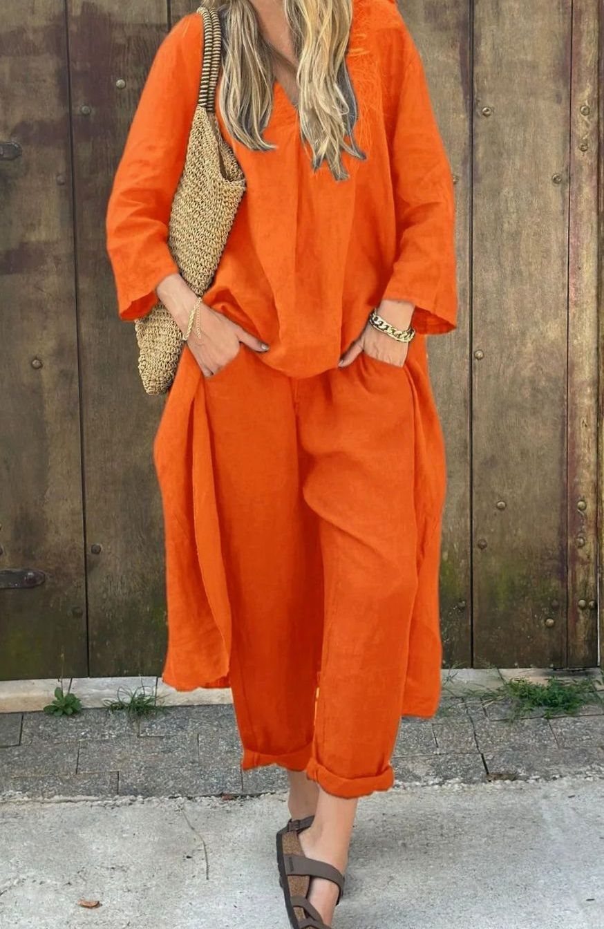 Women's Linen Two-Piece Set Relaxed V-Neck Top Cropped Trousers Co Ord - Orange